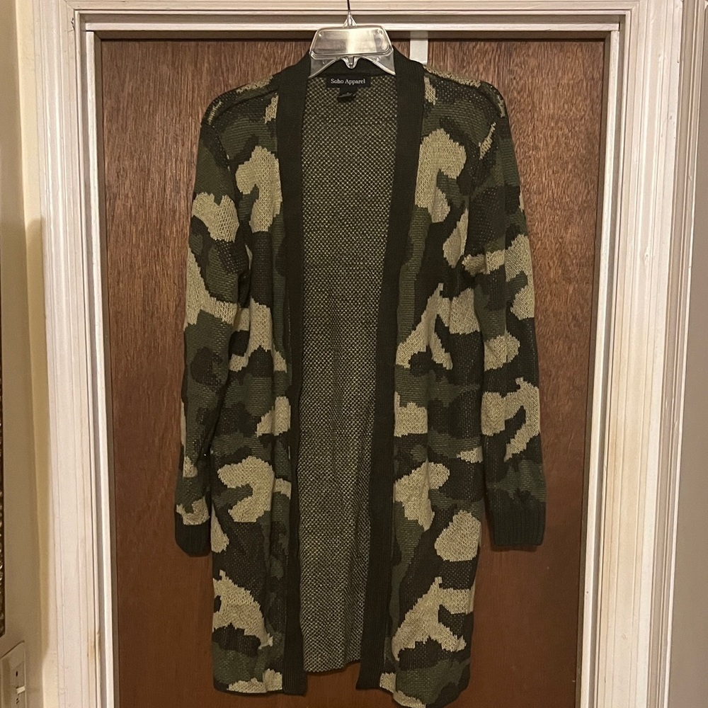 Soho Apparel Green and Tan Camouflage Cardigan - Picture 1 of 2